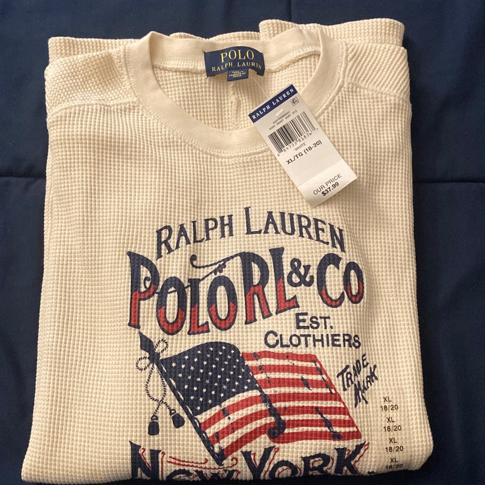 Boys 18-20-New with Tags-Polo Ralph Lauren Cream Kids Tee with Flag Graphic